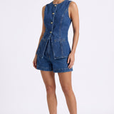 Luna Indigo co-ord showing front and side structure with button-up top and fitted shorts