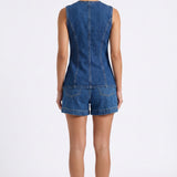 Back view of Luna Indigo co-ord showing high-waisted shorts fit and sleeveless top construction