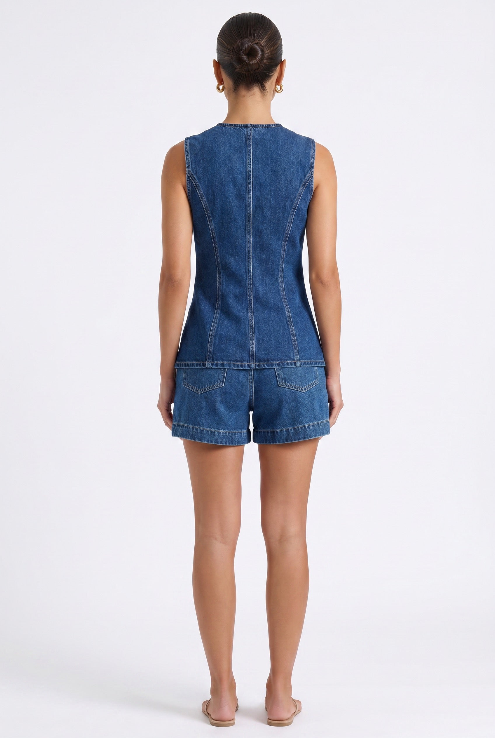 Back view of Luna Indigo co-ord showing high-waisted shorts fit and sleeveless top construction