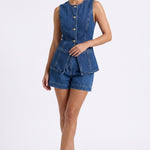 Luna Indigo denim co-ord set with button-up sleeveless top and high-waisted shorts - hero front view