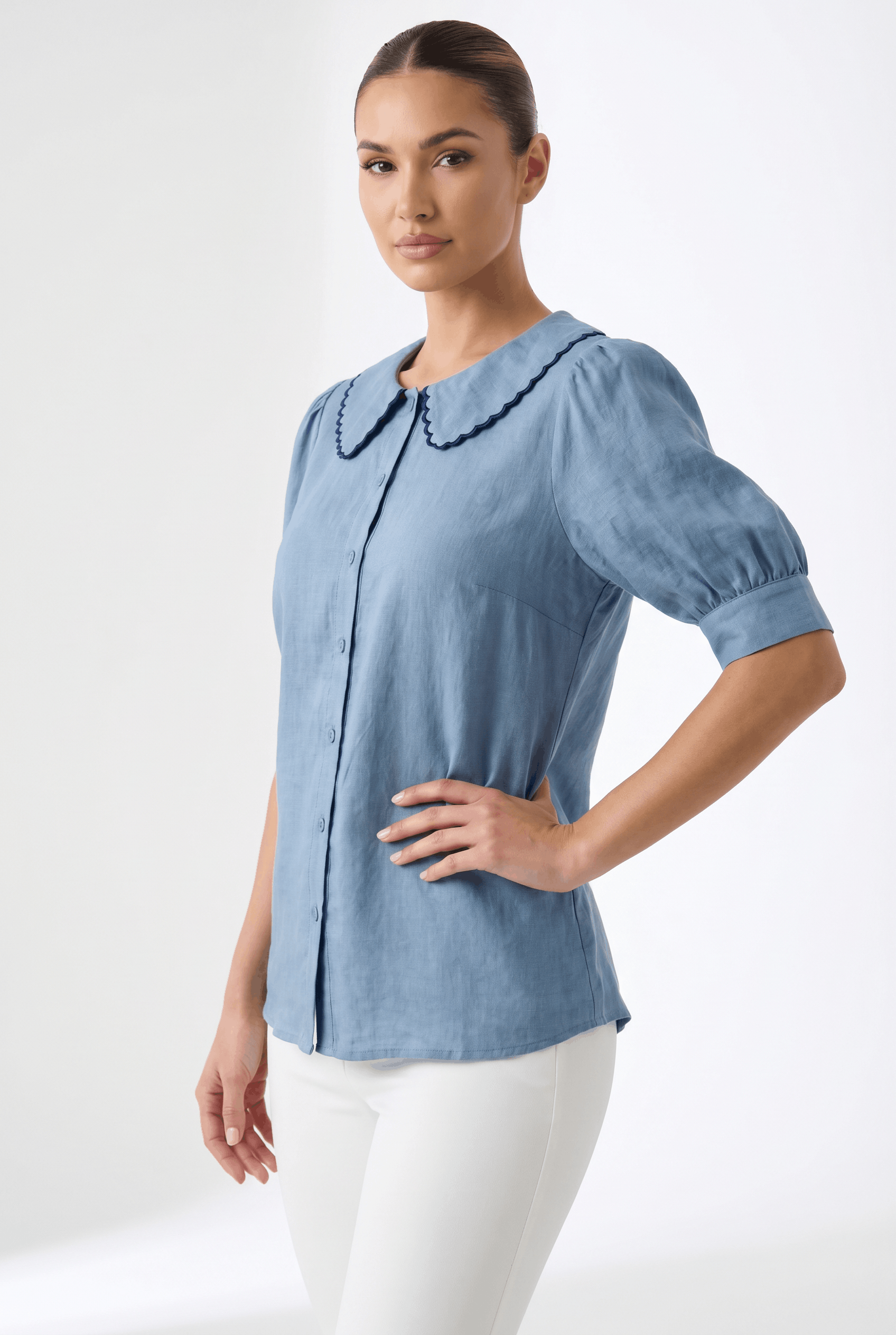 Eden Grace | Scalloped Linen Blouse for Breathable Comfort