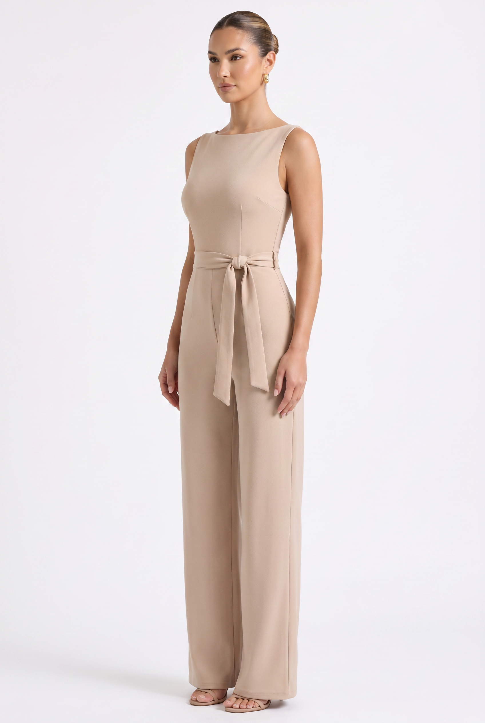 Sophia Elodie Belted Palazzo Jumpsuit Beige - 3/4 Front Angle
